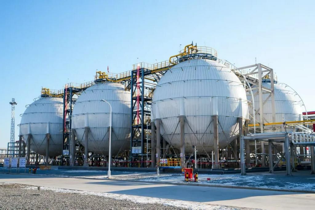 Spherical storage tanks at a green ammonia plant