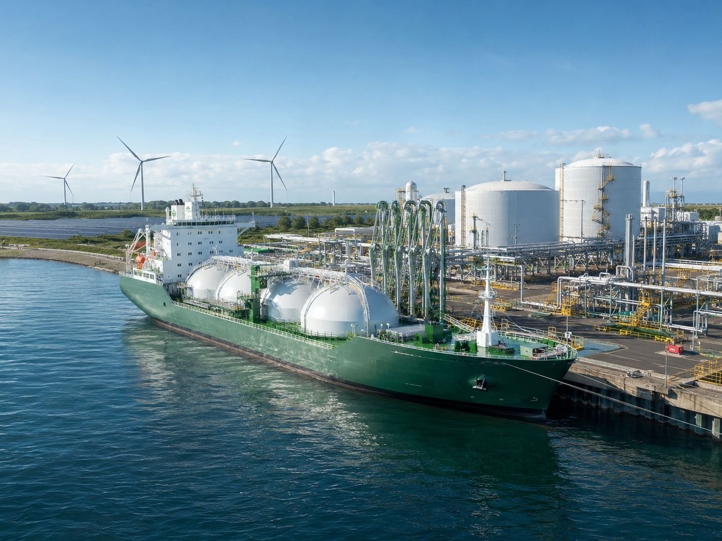 Green ammonia carrier docked at a terminal with storage tanks and wind turbines