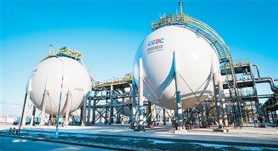 Spherical ammonia storage tanks under a clear sky