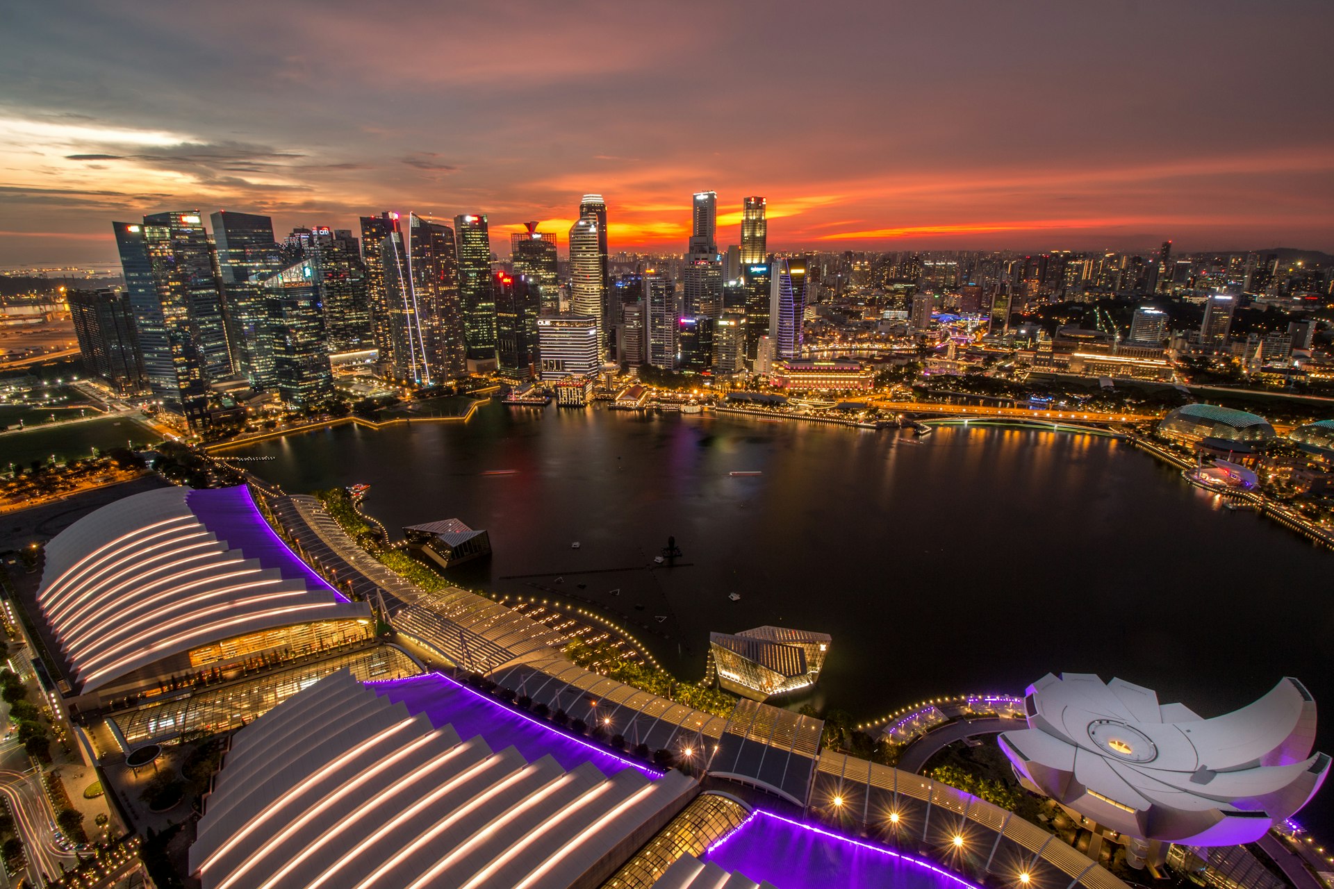 Singapore financial district skyline at sunset